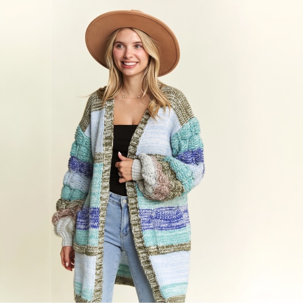 Blue Multi Color Stripe Sweater Cardigan